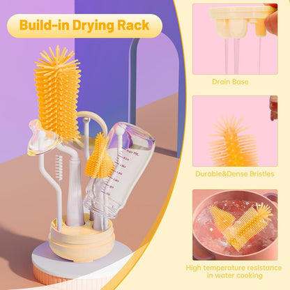 Baby Bottle Brush,Travel Bottle Cleaner Kit,Silicone Bottle Brush,Straw Cleaner Brush,Nipple Brush,Drying Rack-Baby Travel Essentials for Flying(Orange, Cylindrical)
