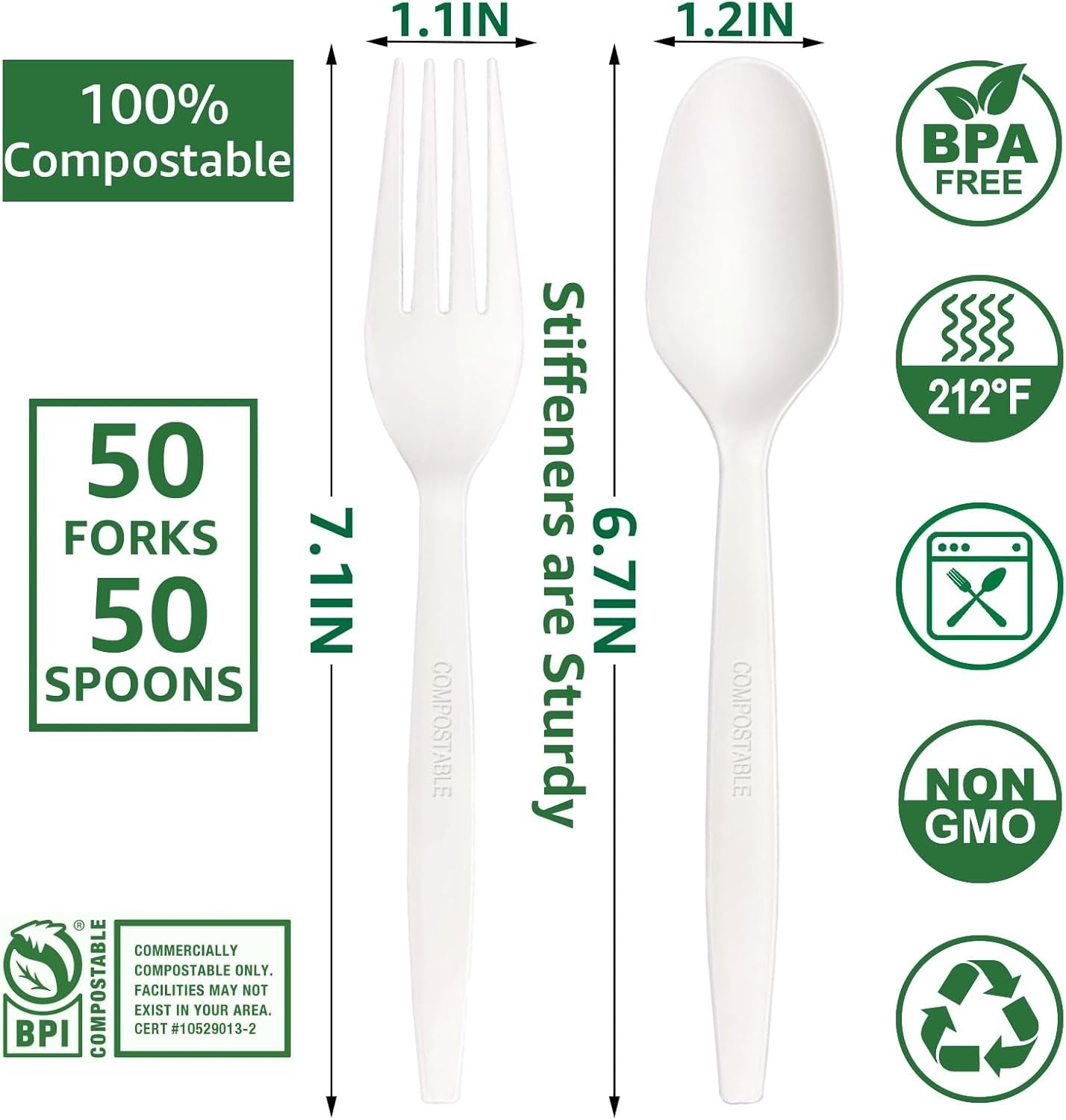MISISIPI [7.1In 100Pcs] 100% Compostable Forks and Spoons Biodegradable Forks and Spoons HeavyDuty No Plastic Forks and Spoons Eco-Friendly Heavyweight Disposable Forks and Spoons Flatware Set