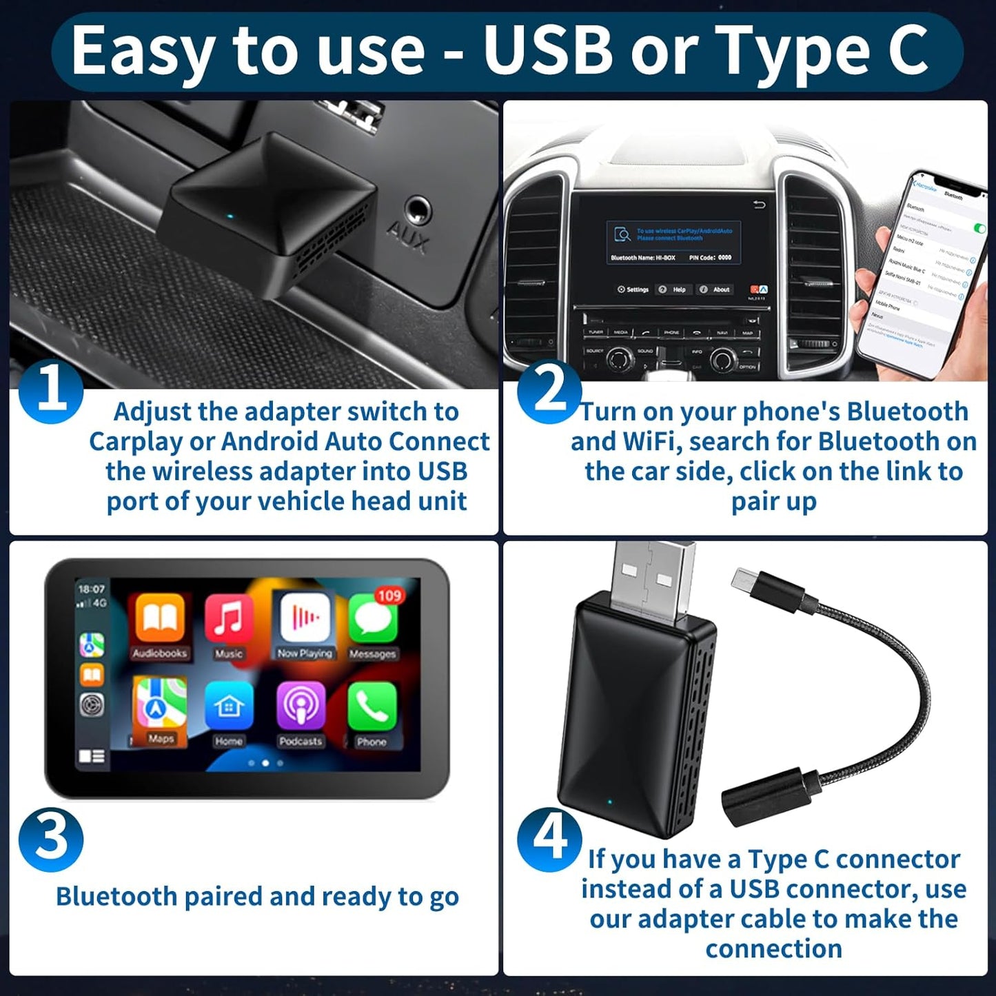 CHEERLINK Wireless Carplay Android Car and Carplay Wireless Adapter, Compatible with iOS 10+ and Android 11.0+, Mini & Stable 5.8GHz WiFi Plug & Play, (USB/Type-C)