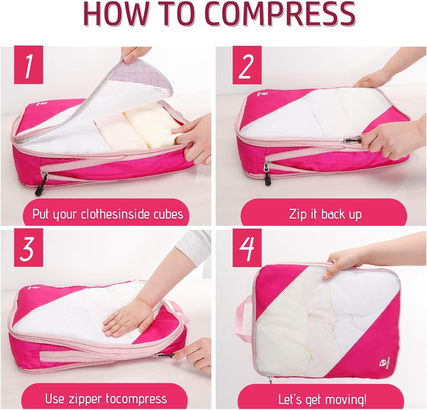 AiQInu 5 Piece Suitcase Organizer, Compression Packing Cube Space-Saving Expandable Ultralight Travel Organizer for Clothes, Shoes, Underwear Travel Set for Backpacks or Hand Luggage (Pink)