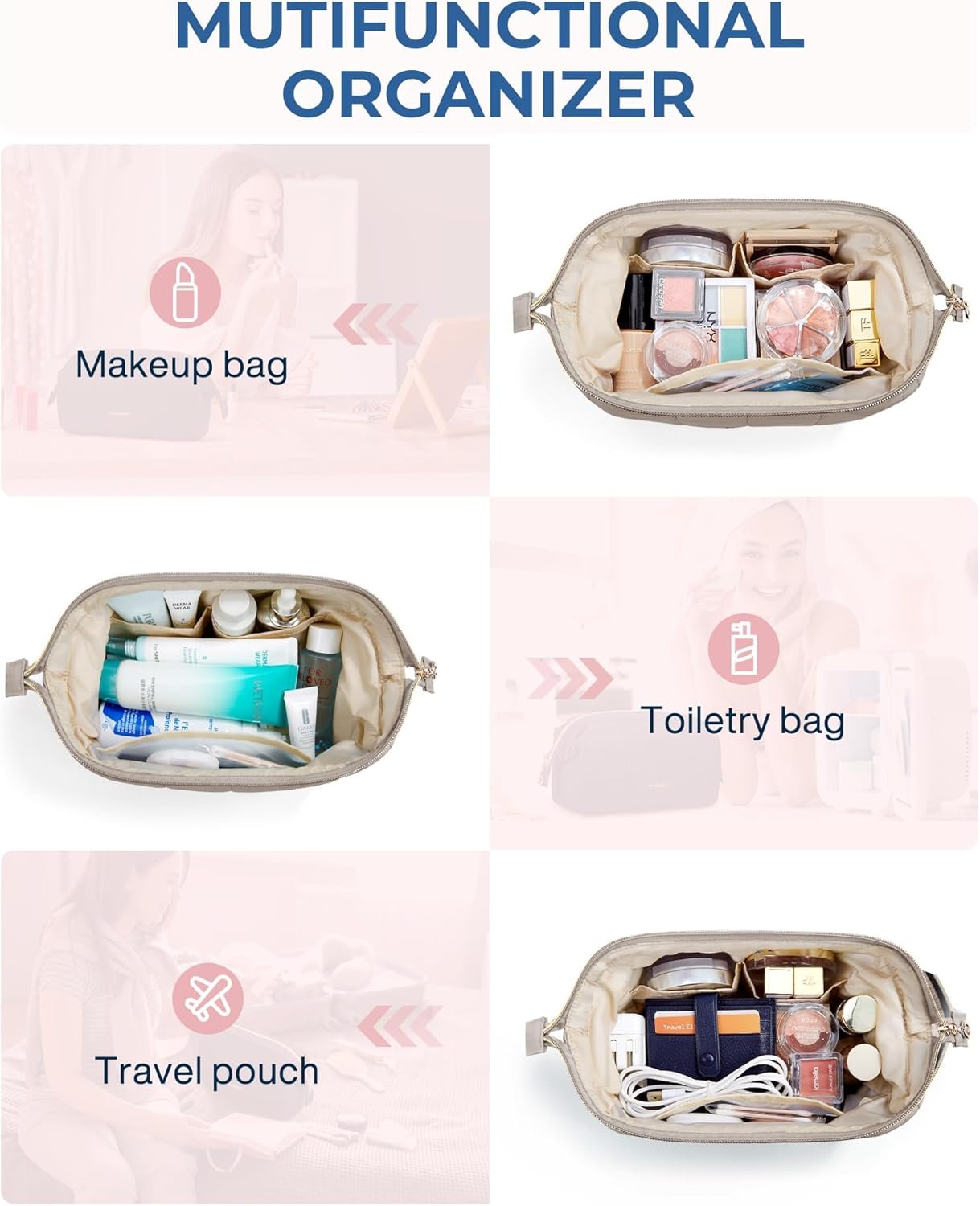 BAGSMART Makeup Bag Travel Cosmetic Bag, Puffy Padded Make Up Bags for Women Makeup Organizer Case, Wide-open Pouch Purse Travel Essentials Toiletries Accessories Brushes, I-Camel, A-M