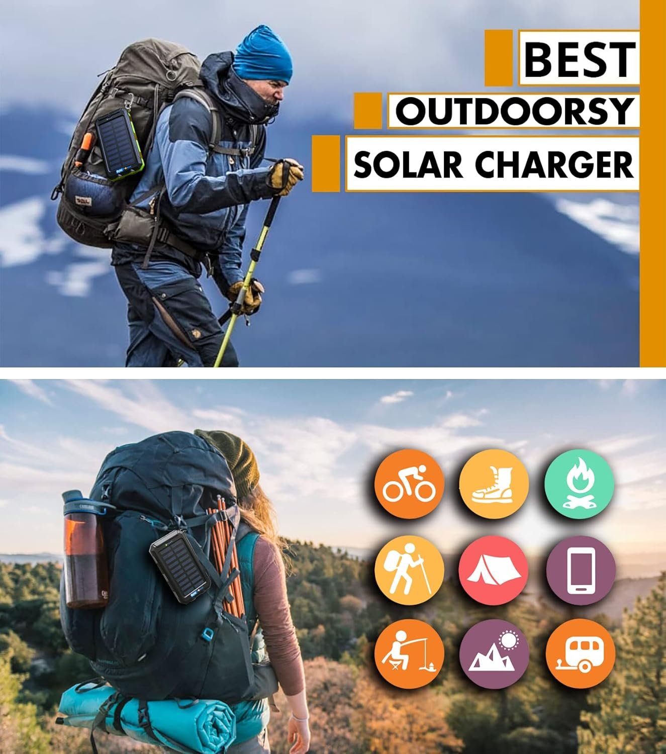 BytePower SolarCharger Power Bank 20000mAh, Portable Solar Pone Charger with Compass,Carabiner, Whistle,Flashlights,Solar Panel Charger,Camping Gear Accessory (Green)