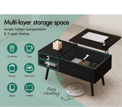 ALFORDSON Lift Tabletop Coffee Table Center Table Black Color, Living Room Office Reception Dining Table with Rising Top, Hidden Storage and Side Open Shelves