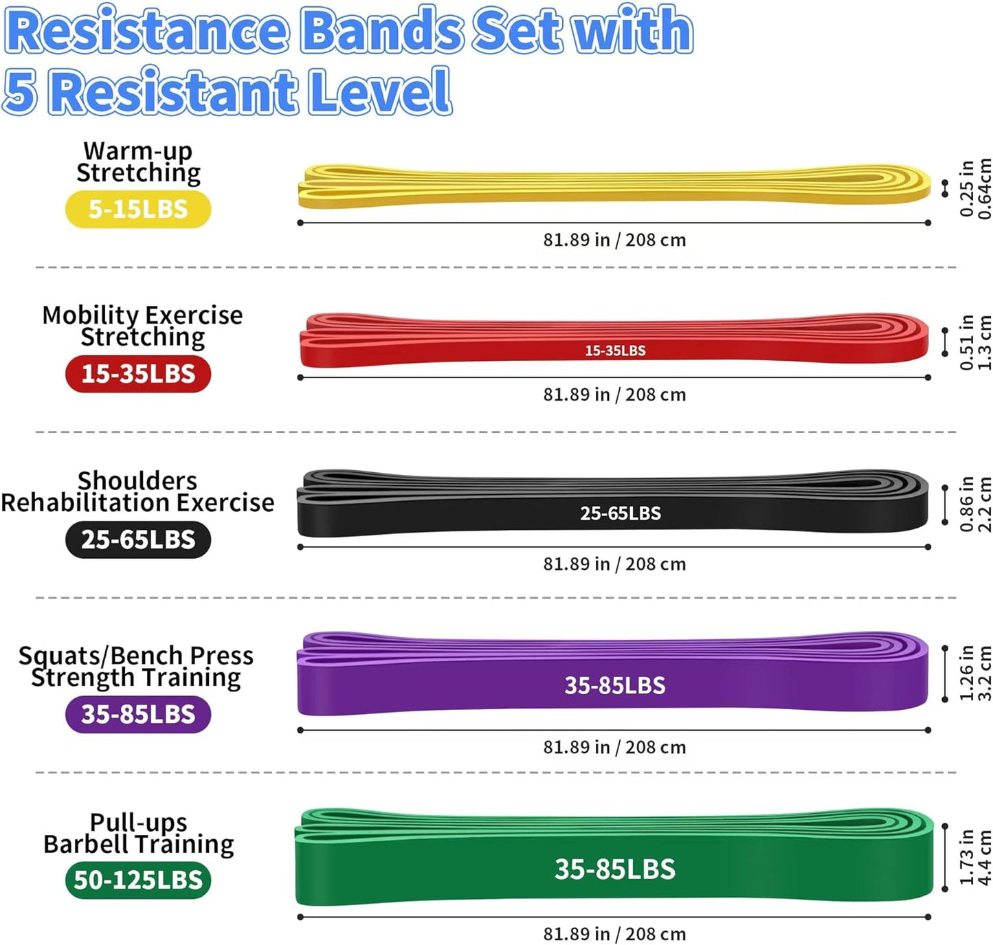 5 Resistance Levels Fitness Bands with Door Anchor and Handles, Gym Bands for Workout Stretching Powerlifting, Elastic Resistance Band for Pull-Up