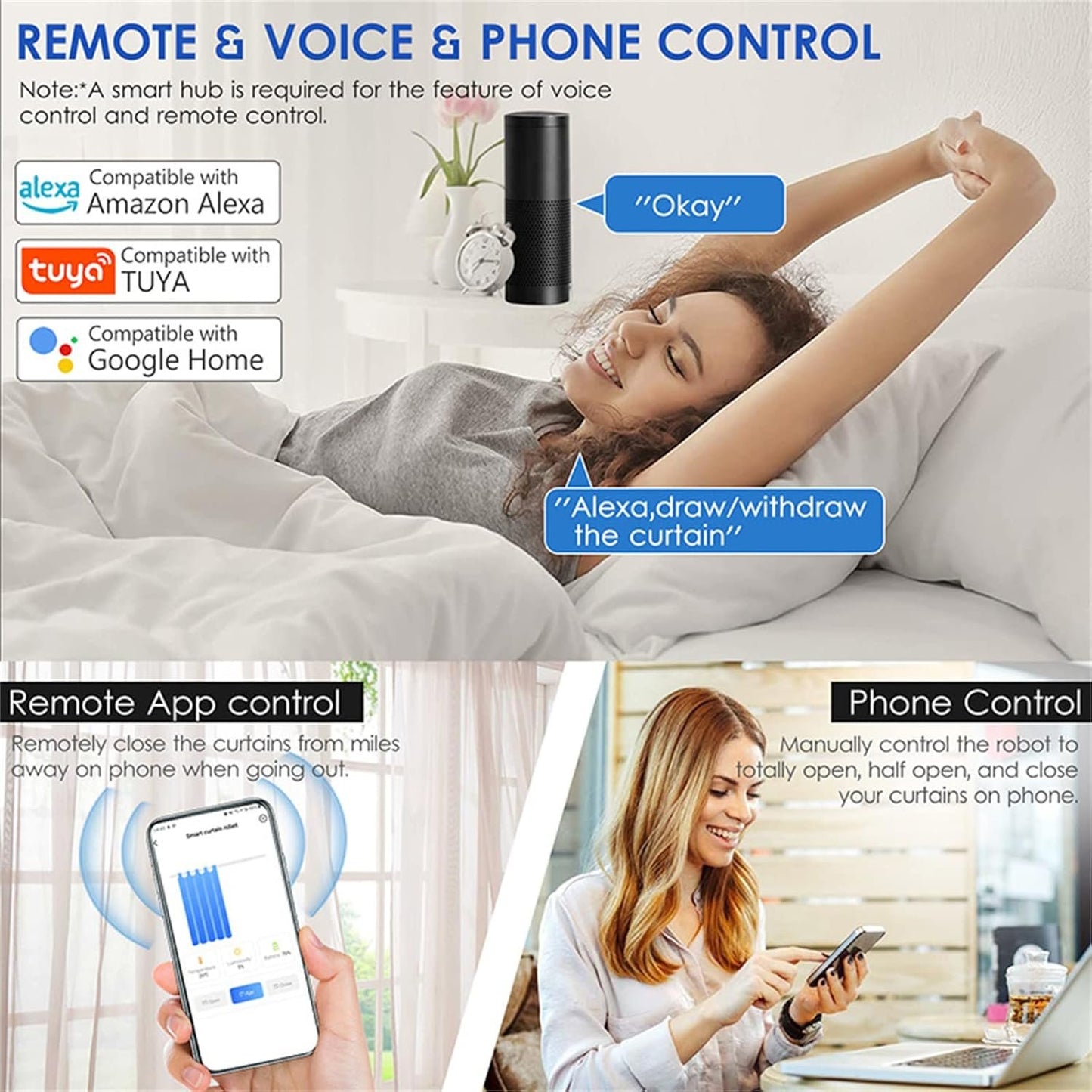 Automatic Curtain Opener Closer Robot Wireless Smart Curtain Motor Timer Voice Control Smart Home Automation Device for for I Rail/U Rail/Rod Compatible with Alexa Google,I Rail