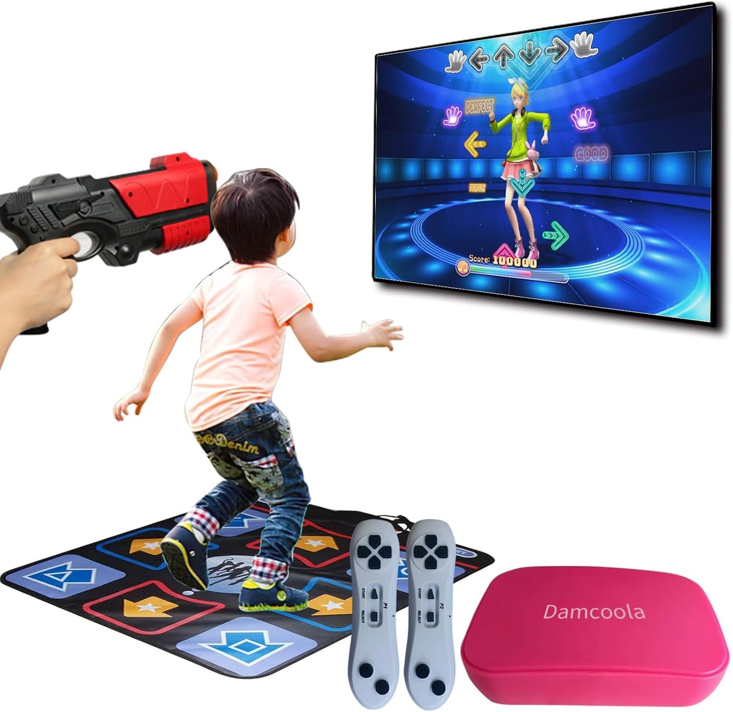 Damcoola TV Retro Game Console with 900+ Games, Video Game System for Kids and Adults with AR Gun Game Toy, 200+ Dance Mat Songs, TV Plug&Play,2.4G Game Controllers Toy Gift for