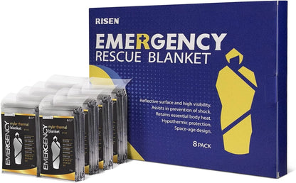RISEN Emergency Foil Mylar Thermal Blankets - Retains 90% of Body Heat, High Reflective Space Safety Blanket - Ideal Supply for Survival, Outdoors, Camping, Hiking, First Aid (8 Silver)