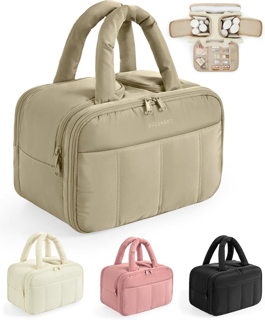 BAGSMART Travel Toiletry Bag, Puffy Large Toiletry Bag for Women, Lightweight Cosmetic Makeup Bag Organizer with Handle for Traveling, Accessories, Essentials, Toiletries, Light Camel, Lightweight