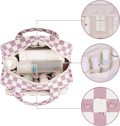 Narwey Full Size Checkered Toiletry Bag Women Travel Toiletries Bag Make Up Bag Large Cosmetic Makeup Organizer Bag for Travel Accessories Essentials (Dusty Rose Checkerboard)