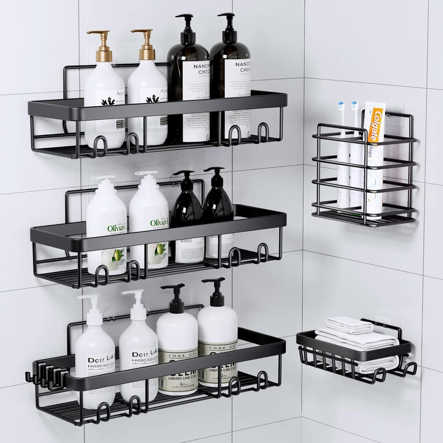Adhesive Shower Caddy Organizer Shelves Rack - 5 Pack Corner Bathroom Storage Organization, Home & Kitchen Decor Inside RV Accessories, Hanging First Apartment Household Camper Essentials
