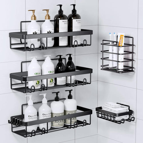 Adhesive Shower Caddy Organizer Shelves Rack - 5 Pack Corner Bathroom Storage Organization, Home & Kitchen Decor Inside RV Accessories, Hanging First Apartment Household Camper Essentials