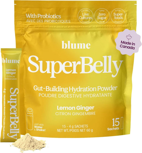 Blume SuperBelly Gut Health Hydration Packets, Made in Canada, Sugar-Free, with Prebiotics, Probiotics, Apple Cider Vinegar, and Electrolytes, Lemon Ginger, 15 Sticks