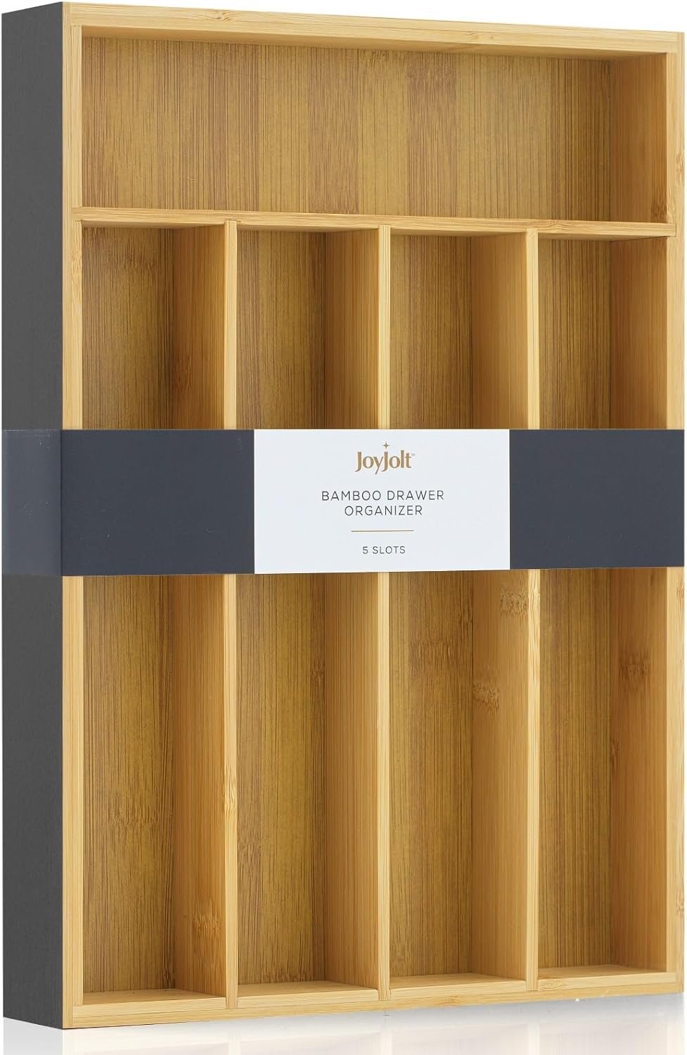 JoyJolt Bamboo Drawer Organizer for Kitchen Utensils, Drawer Divider for Large Cutlery and Silverware, Flatware Holder Tray, 5-Compartment Silverware Organizer, Garage Kitchen & Junk Drawer Organizer