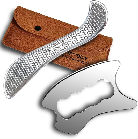 BYYDDIY 2 in 1 Stainless Steel GuaSha Muscle Scraper Tools Set,Scar Tissue Tool,Physical Therapy Tools,Muscle Scraping Tool,Massage Scraper,IASTM Tools,Soft Tissue Massage Tool (C-S2X)