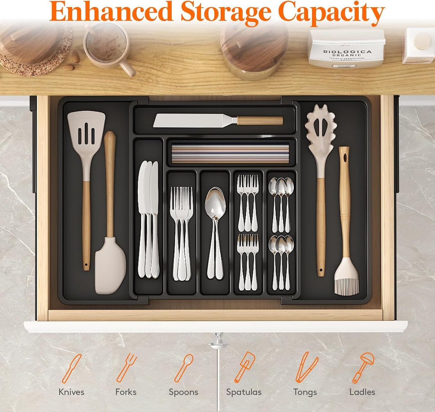Lifewit Silverware Drawer Organizer, Expandable Utensil Organizer for Kitchen Drawers, Adjustable Cutlery and Flatware Tray, Plastic Spoons Forks Knives Holder Storage Dividers, Large, Black