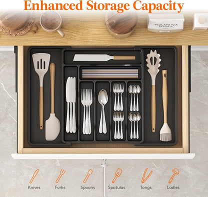 Lifewit Silverware Drawer Organizer, Expandable Utensil Organizer for Kitchen Drawers, Adjustable Cutlery and Flatware Tray, Plastic Spoons Forks Knives Holder Storage Dividers, Large, Black