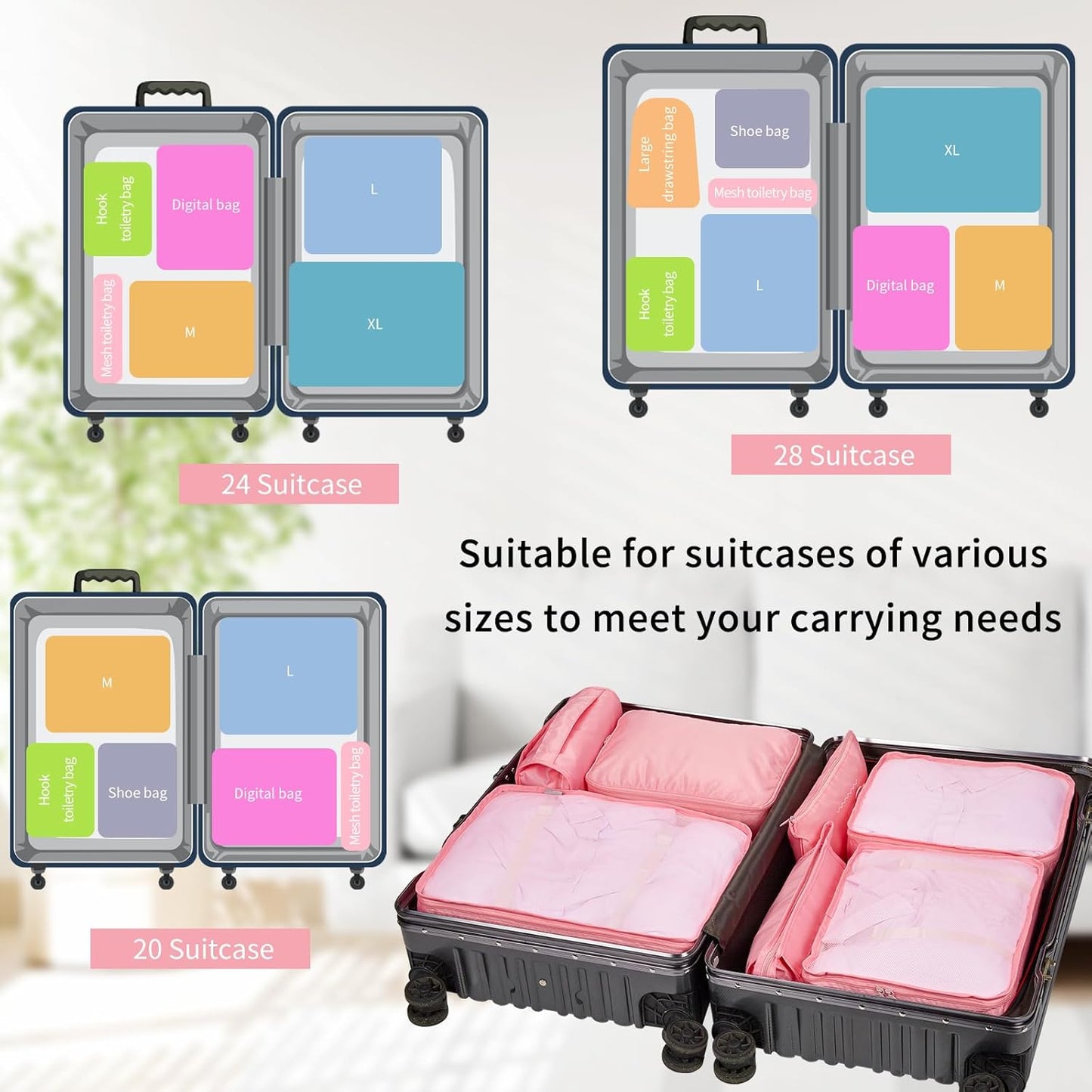 Coolzon Packing Cubes Travel Suitcase Organizer Set of 11, Compression Luggage Organizer Space-Saving for Clothes, Ultralight, Shoes, Underwear, Black, pink