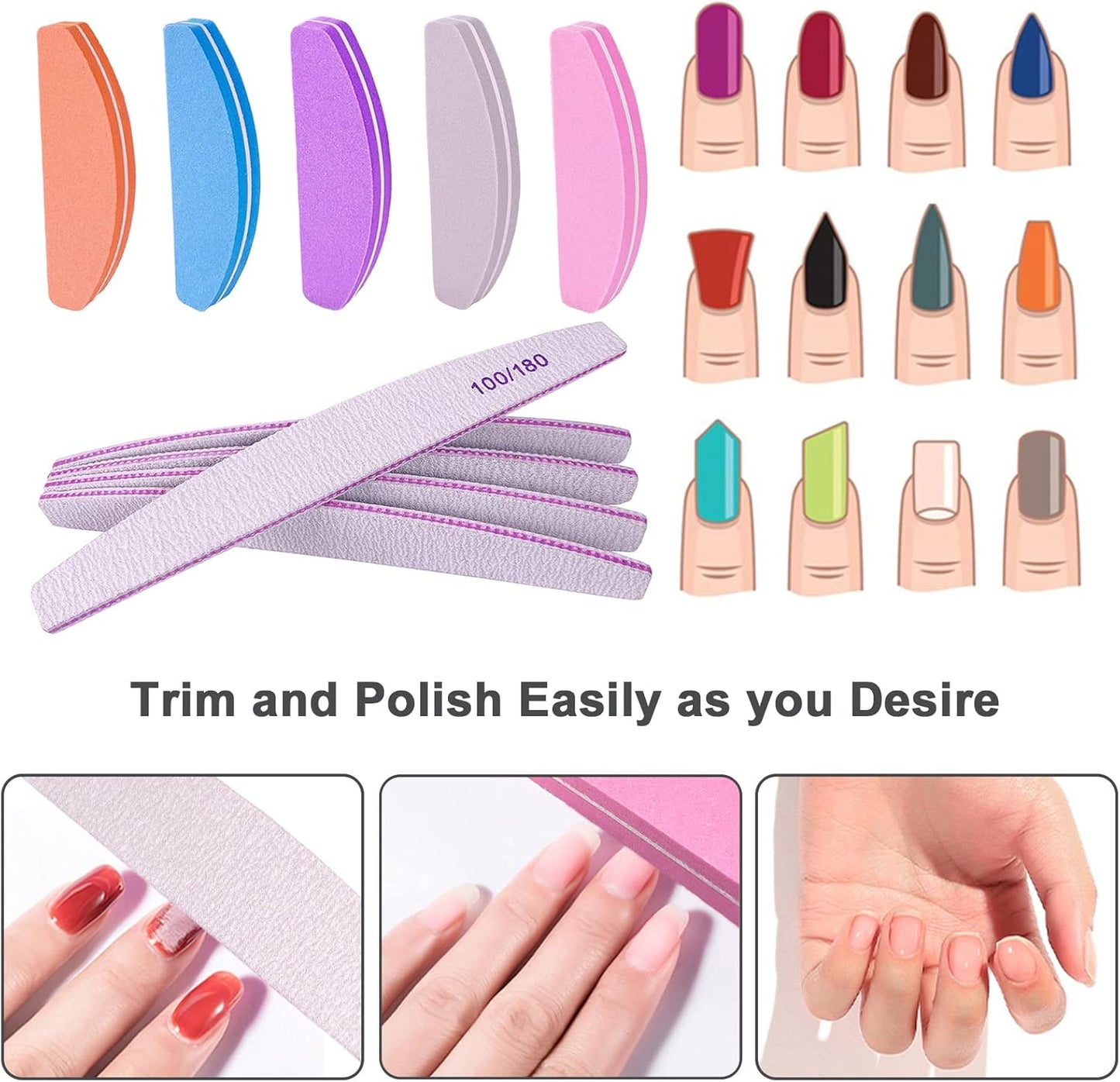 Nail File and Buffer (10 Pcs), Buffer Block Nail Files Double Sided 100/180 Grit for Acrylic and Natural Nails, fingernail Emery Board Buffing Blocks Manicure Set Nail Care kit Tool Halfmoon Arc