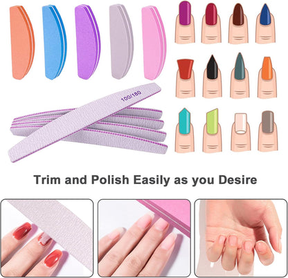 Nail File and Buffer (10 Pcs), Buffer Block Nail Files Double Sided 100/180 Grit for Acrylic and Natural Nails, fingernail Emery Board Buffing Blocks Manicure Set Nail Care kit Tool Halfmoon Arc