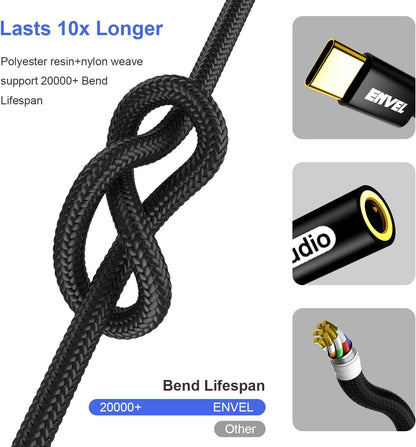 ENVEL USB C to 3.5 mm Headphone Jack Adapter, Type C to 3.5mm Audio Stereo DAC Chip Cable Compatible with Phone 16 Pro Max/16 Pro/16 Plus Pixel4 Galaxy S25 24 S23 S22 S10 S9 OnePlus 9 8T 7T Black