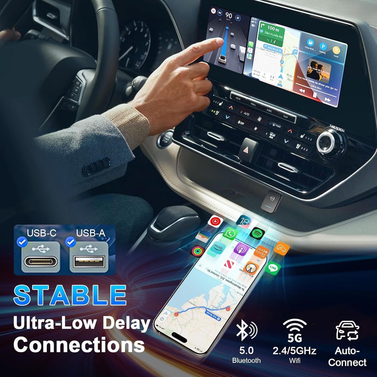 2 in 1 Wireless Carplay Adapter for iPhone, Android Auto Wireless Adpater, Plug & Play USB CarPlay Wireless Stick, Convert Wired Android Auto/Carplay to Wireless for Android 11+/iOS 10+ Phones