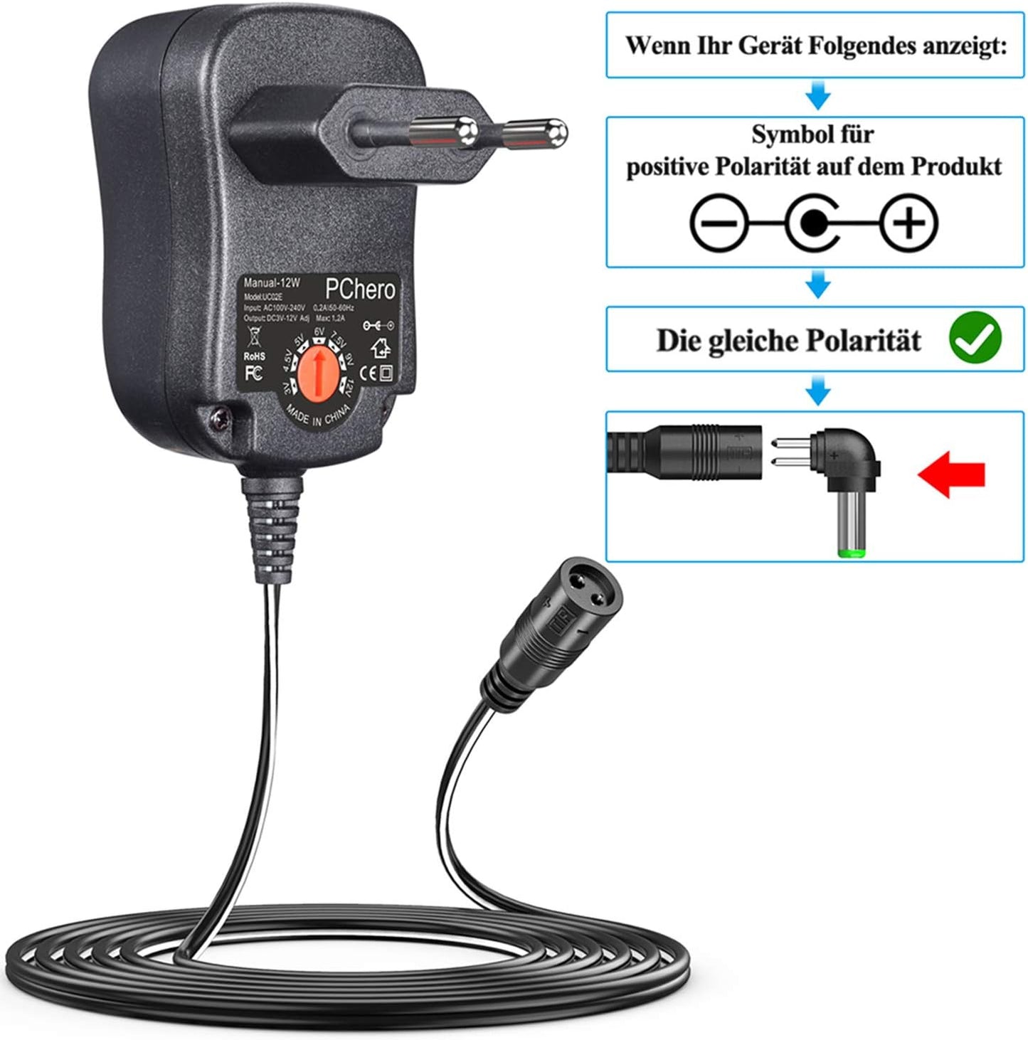 PChero 12W Universal AC/DC Power Supply with 8 DC Plugs, Suitable for Devices from 3 V to 12 V