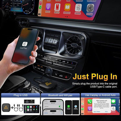 4-in-1 Wireless CarPlay Adapter Support Netflix/YouTube/TF Card, Android Auto & Carplay Adapter with USB-A & USB-C Cables, Convert Wired to Wireless Apple Dongle, Video Box Car Game for iOS 10+