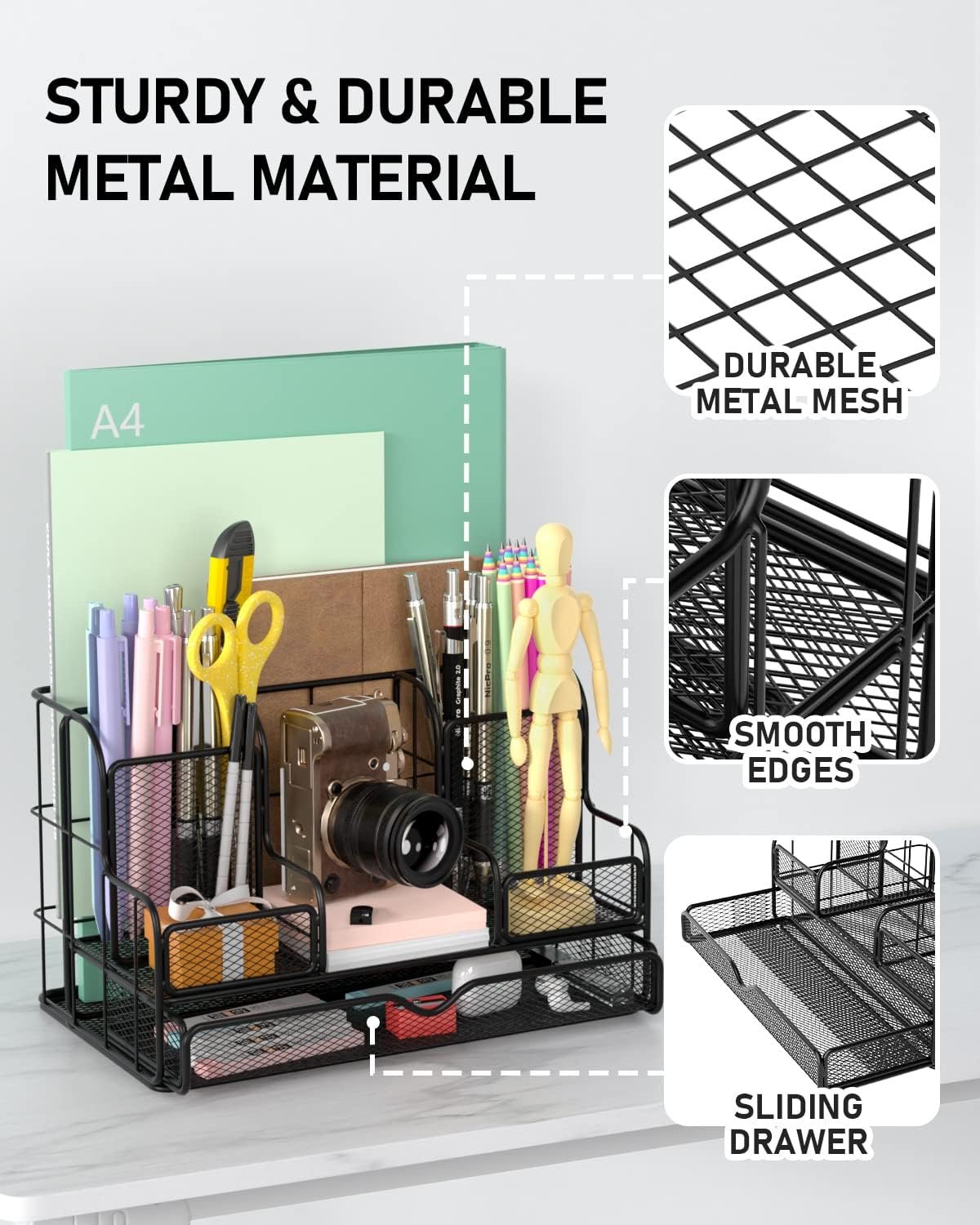 Nicpro Desk Organzier and Accessories, Black Mesh Desktop Organizer with Drawers, Pen Holder, Phone Holder, 72 PCS Paper Clips, Desk Caddy and Office Supply Organizer Set for Teacher Office Home