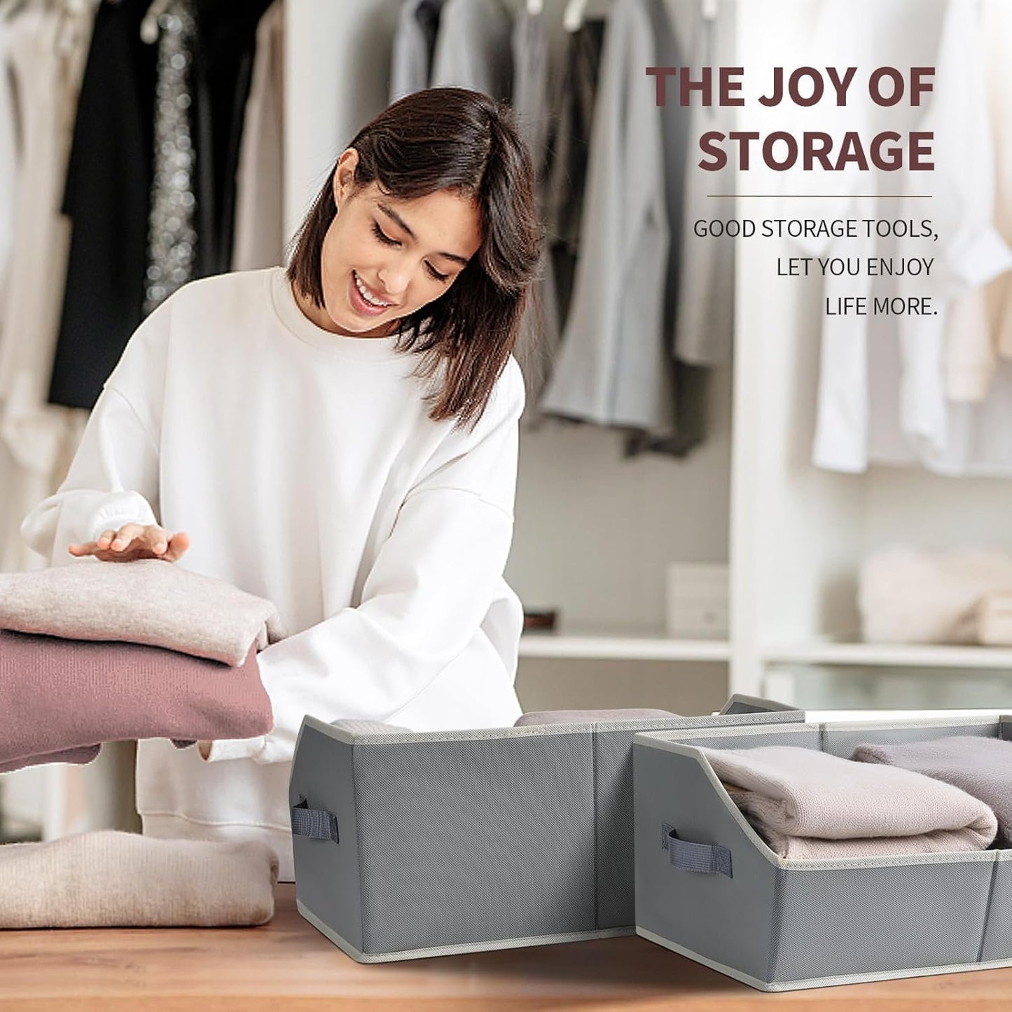 DIMJ Closet Storage Bins - 6 Pack Foldable Storage Basket Box Fabric Storage Cubes Storage Organization Trapezoid Storage Bin (Light Grey)