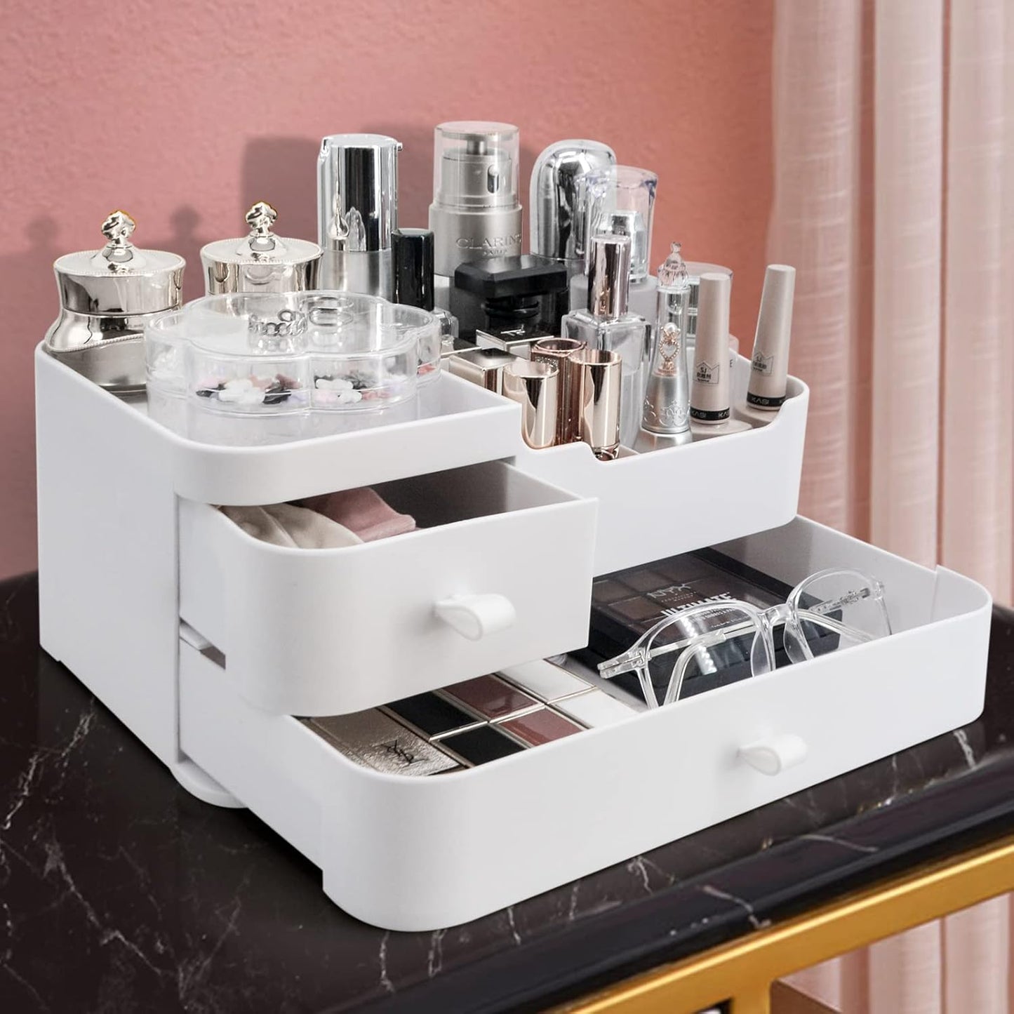 Makeup Organizer Makeup Holder Bathroom Containers for Skincare Makeup with Drawers - Large Plastic Cosmetic Organizers for Creams Brushes Women Accessories, White