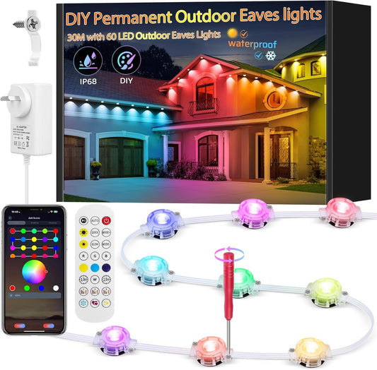 Permanent Outdoor Lights, Can DIY Smart RGB+IC eave Light, 30M with 60 LED Eaves Lights, IP67 Waterproof, for Halloween Decorations, Christmas (30M)
