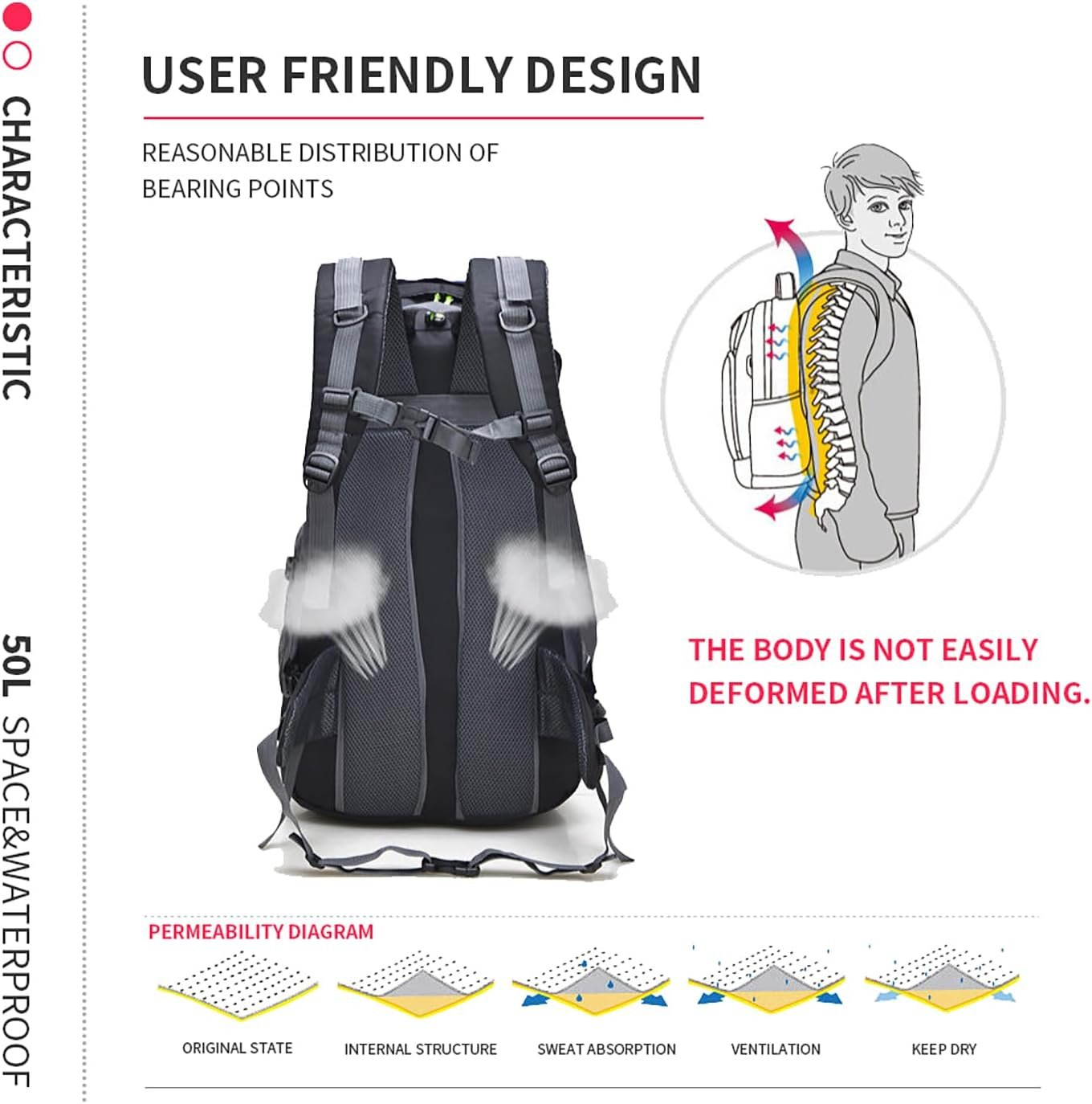 Bseash 50L Lightweight Water Resistant Hiking Backpack, Outdoor Sport Daypack Travel Bag for Climbing Camping Touring