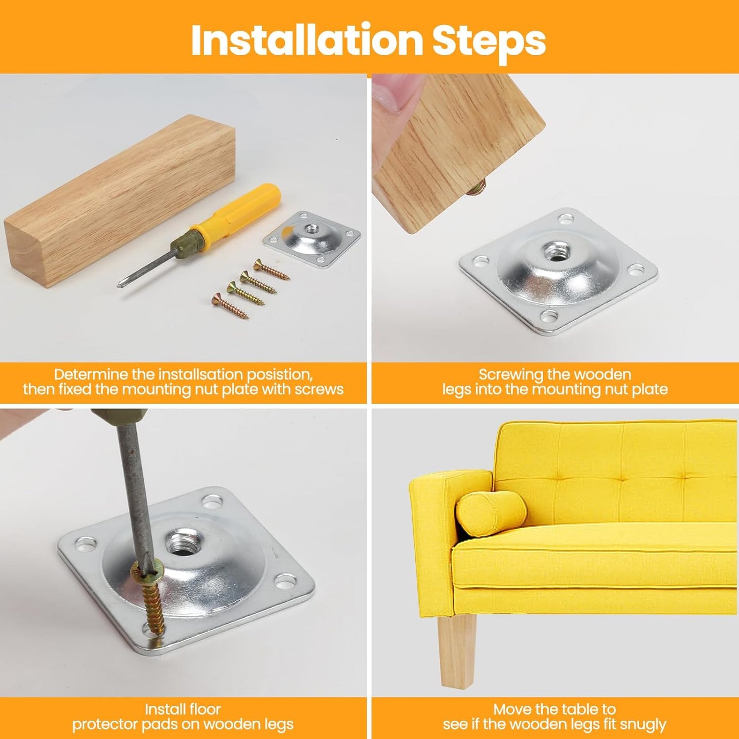Luabue 4 Pieces Wooden Furniture Feet 20 cm Square Wooden Legs for Cabinet Sofa Bed Table with Mounting Plate, Non-Slip Pad and Screws