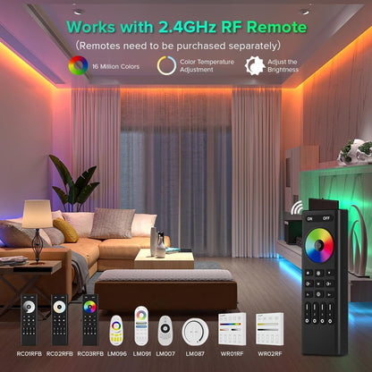 FCOB 5in1 WB5 2.4GHz WiFi PWM LED Controller Compatible with Alexa Google Home Smart Life Tuya Smart APP Control for Dimming CCT RGB RGBW RGBCCT LED Strip Work with WR01RF WR02RF etc RF Remote