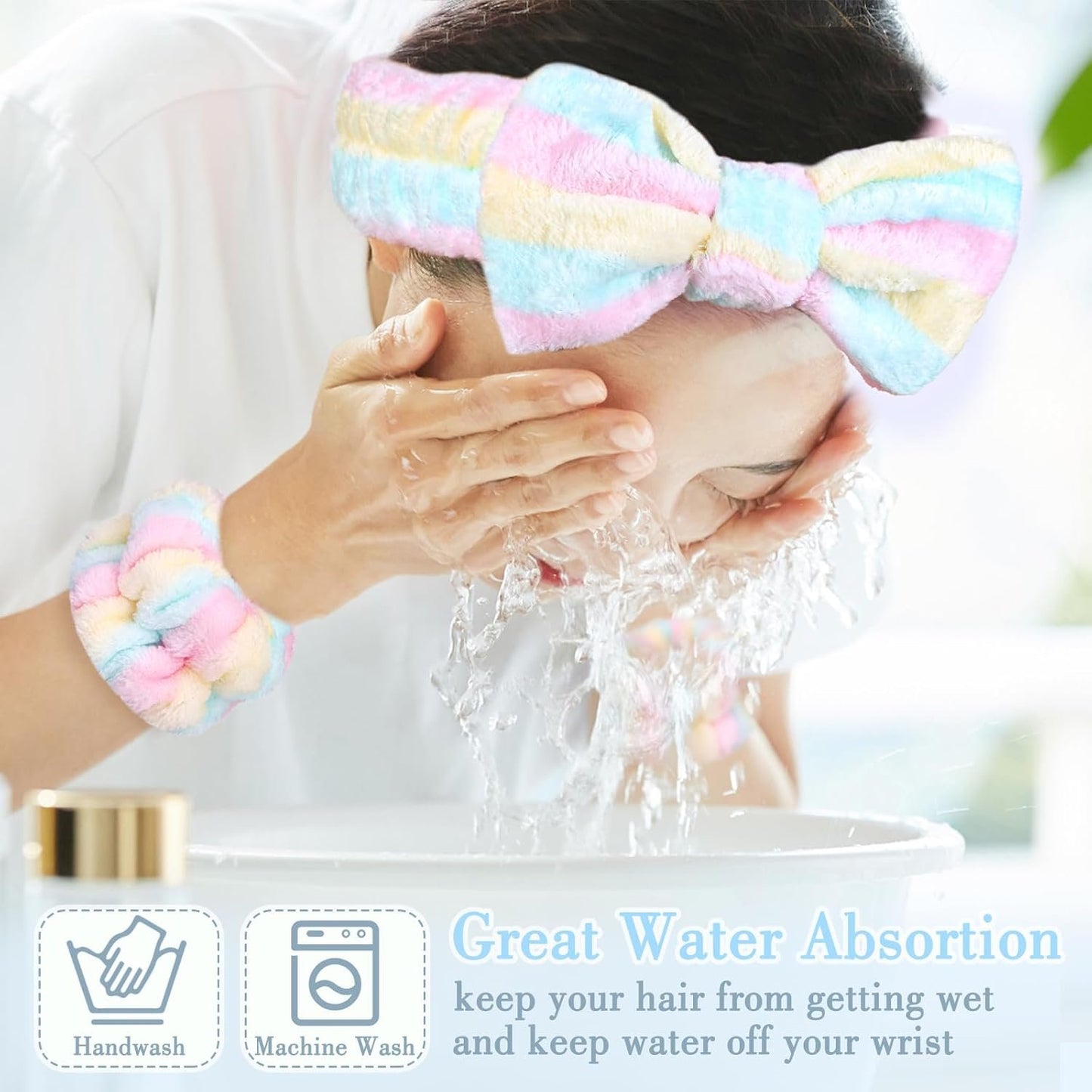 9PCS Spa Headband Kit for Women & Girls: Bowknot Makeup Headbands with Wristbands for Face Skincare, Bathing, Yoga (Pink, Blue, White)