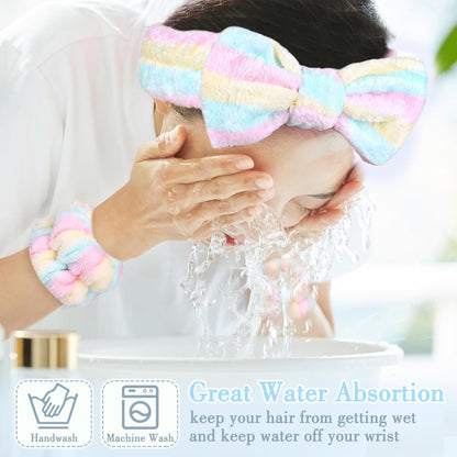 9PCS Spa Headband Kit for Women & Girls: Bowknot Makeup Headbands with Wristbands for Face Skincare, Bathing, Yoga (Pink, Blue, White)