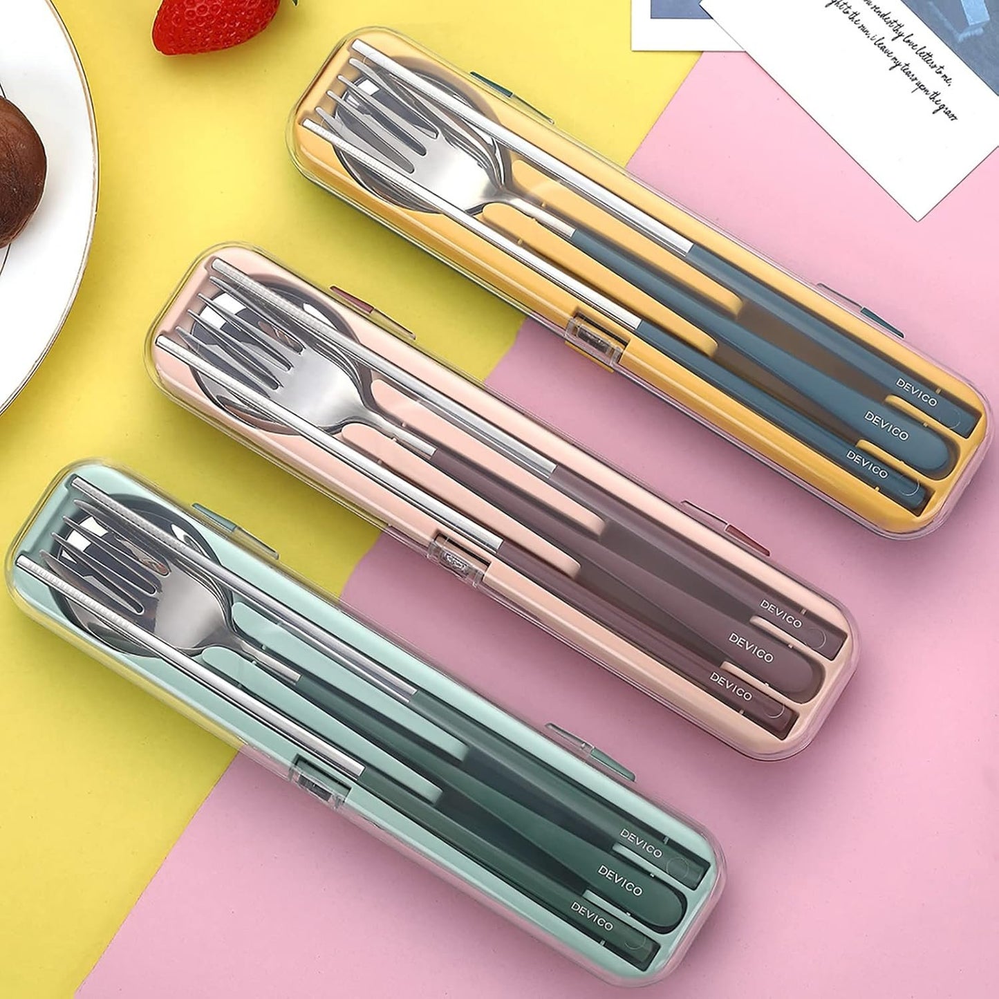 DEVICO Portable Utensils, Travel Reusable Silverware Flatware Set for Lunch, 18/8 Stainless Steel 4-Piece Camping Cutlery Include Fork Spoon Chopsticks with Case (Green-A)