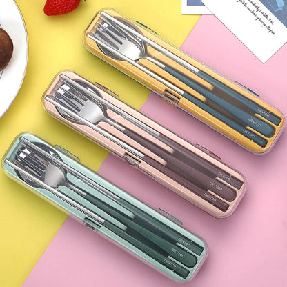 DEVICO Portable Utensils, Travel Reusable Silverware Flatware Set for Lunch, 18/8 Stainless Steel 4-Piece Camping Cutlery Include Fork Spoon Chopsticks with Case (Green-A)