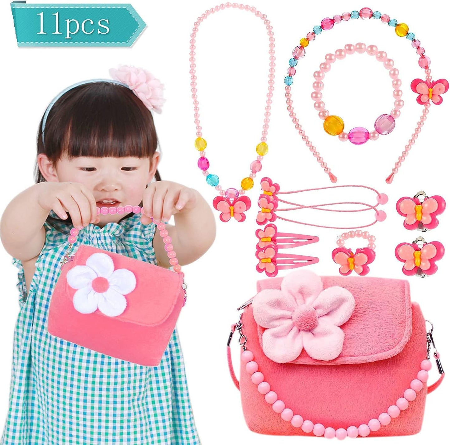 BIQIQI Kids Jewelry Set Little Girls Plush Purses with Necklace Bracelet Ring and Earring Jewelry Set Cute Handbag My First Purse for Little Girls Dress up and Pretend Role Play