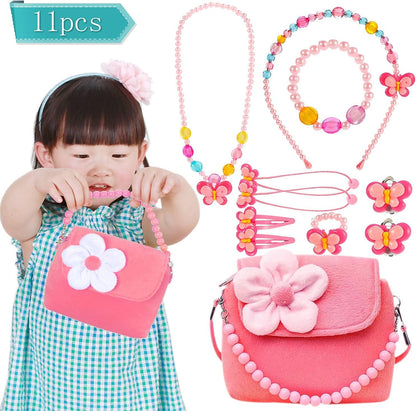 BIQIQI Kids Jewelry Set Little Girls Plush Purses with Necklace Bracelet Ring and Earring Jewelry Set Cute Handbag My First Purse for Little Girls Dress up and Pretend Role Play