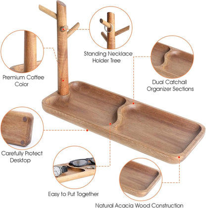 Acacia Wood Key Tray for Entryway Table - Jewelry, Ring, Phone, Bracelet & Watch Organizer with 3 Hanging Stands - Modern Catchall Tray for Home Organization