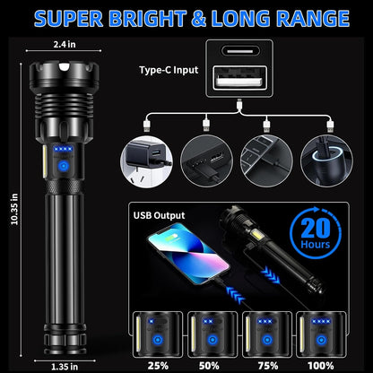 Flashlight Rechargeable, 990000 Lumens Led Flashlights, 7 Modes COB & LED Flashlight,Tactical Powerful Flash Light with Zoomable, IPX7 Waterproof, Super Bright Torch Light for Camping Emergency