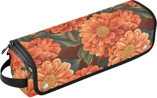 Borsa da viaggio per strumenti per capelli con motivo floreale arancione e tappetino resistente al calore, custodia da viaggio portatile per strumenti caldi e accessori per la cura dei capelli