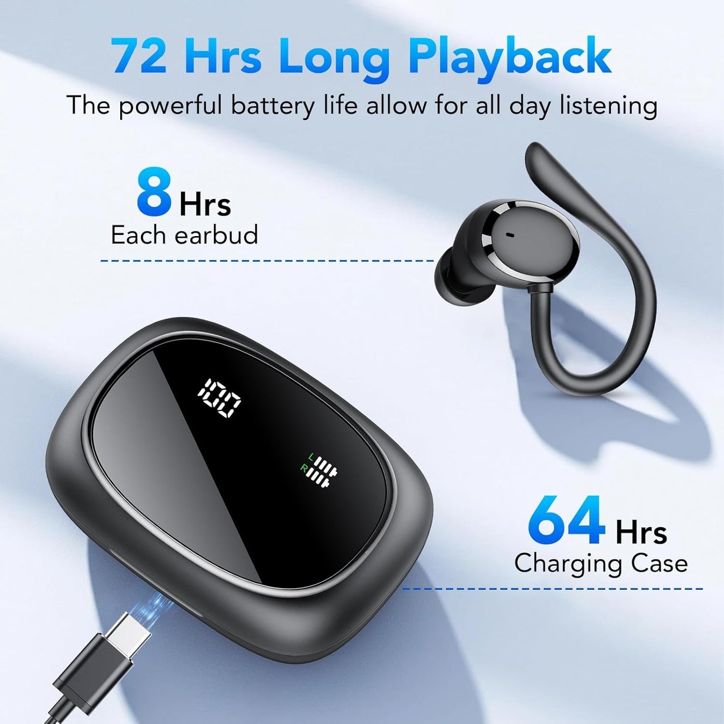 Wireless Earbuds, Bluetooth 5.3 Headphones with Earhook, 72Hrs Playtime, Deep Bass, 4 ENC Noise Cancelling Mic, IP7 Waterproof, LED Display, Over Ear Buds for Workout, Travel, Black