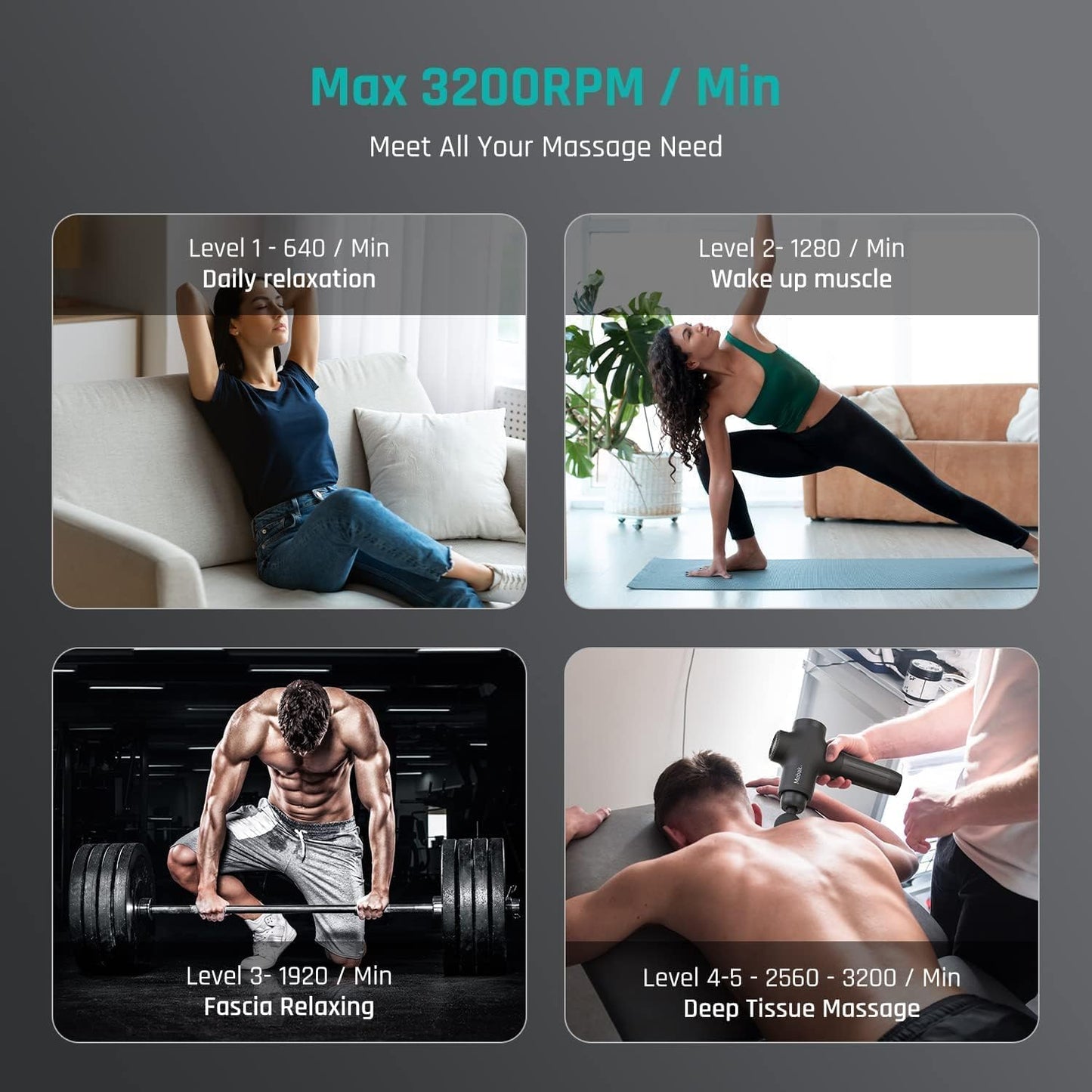 Mebak 3 Professional Muscle Massage Gun Massage Gun Deep Tissue Body Pain Relief Electric Silent Massager 3200RPM 7 Head 5 Speed 12 mm Width