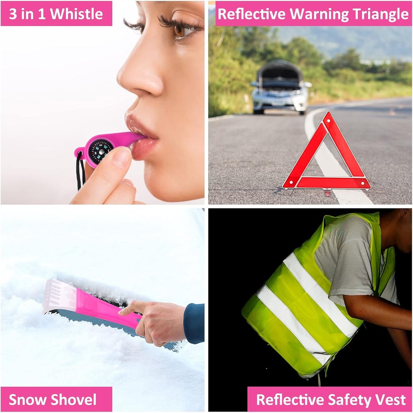 HLWDFLZ Car Roadside Emergency Kit - Pink Assistance with Jumper Cables, Auto Repair Tool Set, Deer Whistles, Winter Safety Assist for Teen Girl and Ladies