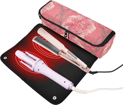 Grande garofano rosa 2 in 1 organizer per strumenti per capelli con tappetino in ferro grande custodia da viaggio per ferro piatto strumenti caldi e accessori per la cura dei capelli, essenziali da