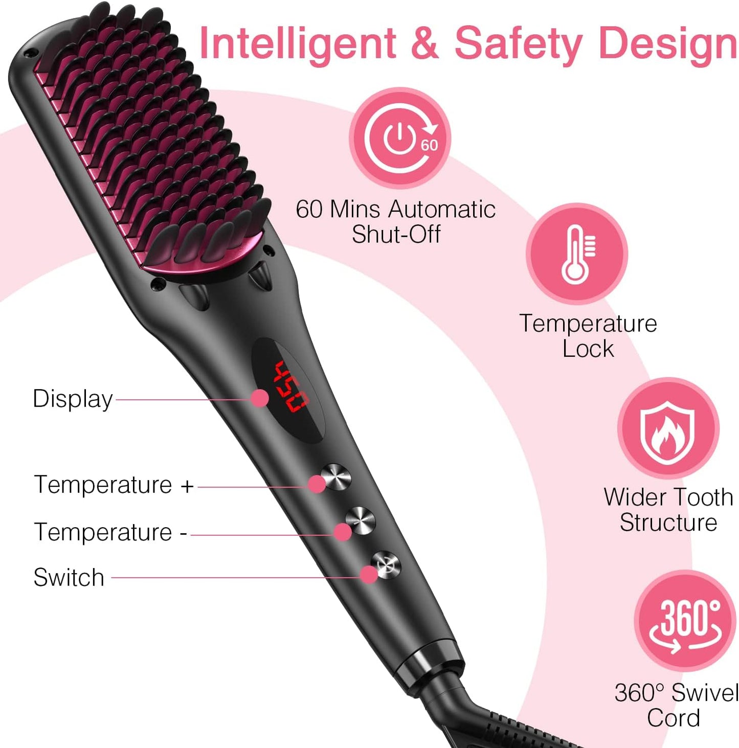MiroPure 2 In 1 Ionic Hair Straightener Brush With Heat Resistant Glove And Temperature Lock Function (Black)
