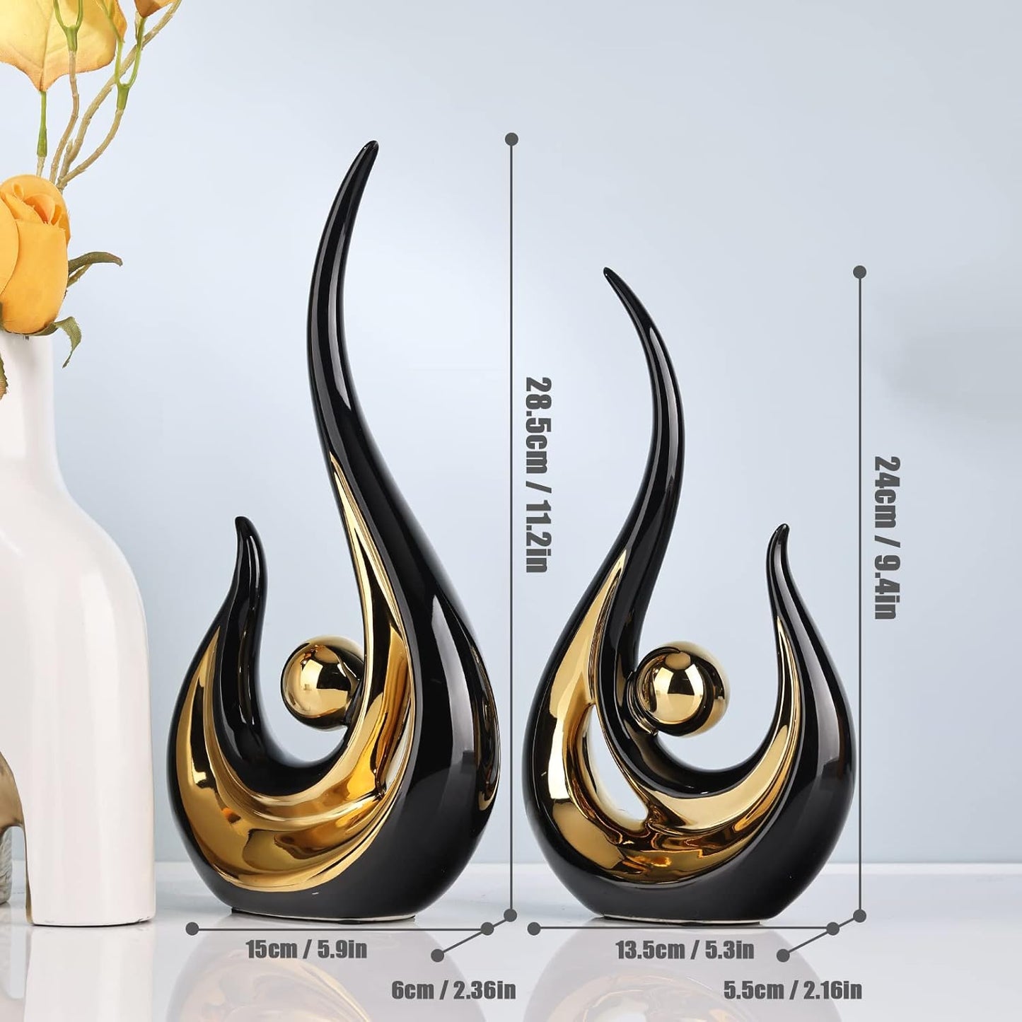 XMGZQ Black and Gold Ceramic Abstract Art Decor, Modern Abstract Flame Shape Statue for Home, Office, Dining Room