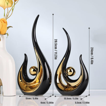XMGZQ Black and Gold Ceramic Abstract Art Decor, Modern Abstract Flame Shape Statue for Home, Office, Dining Room